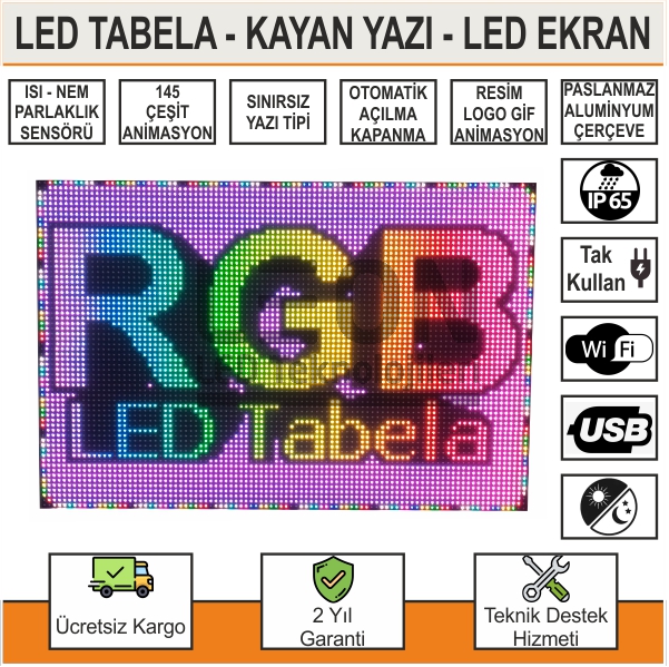 LED Tabela 64x32cm Kayan Yazı Full Renkli RGB Tek Taraflı